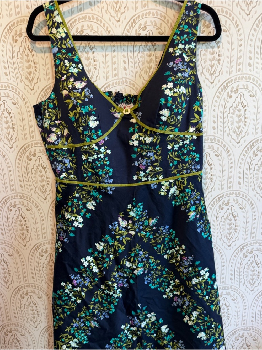 Vintage Y2K Size 14 Navy Green Floral Dress - R&K Originals 97% Cotton - Picture 2 of 8